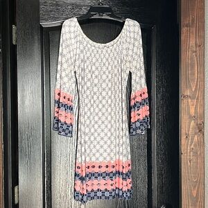 Honeyme White with Coral and Blue Patterned Dress